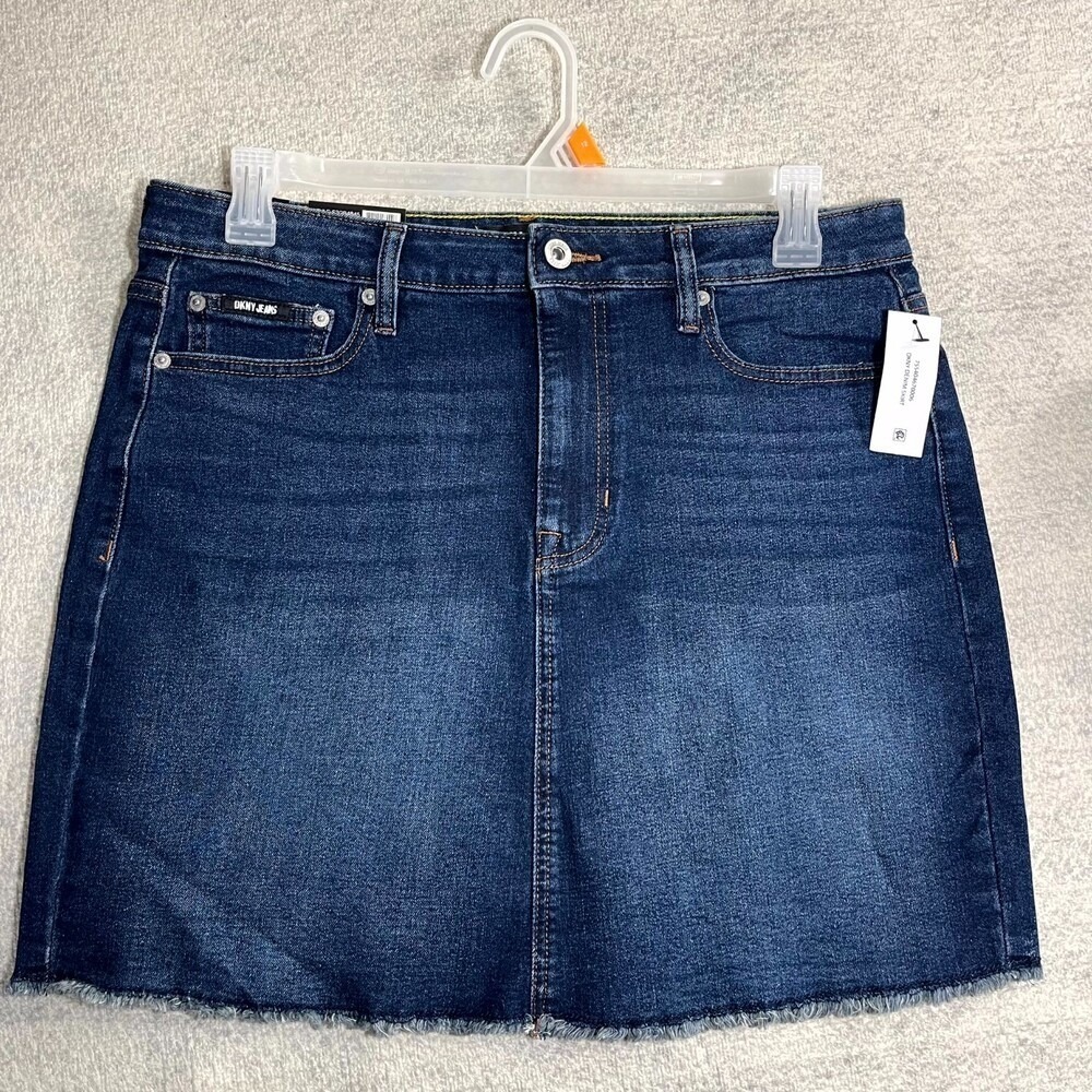 DKNY Ladies Mid Rise Denim Skirt Size 12 Dark Wash NEW